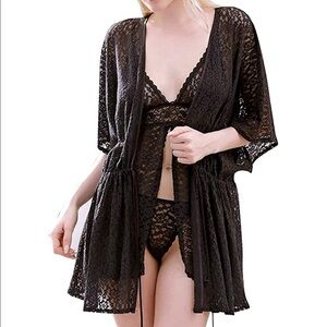 Black Lace 3 Pc Robe Bralette Thong Lingerie Set